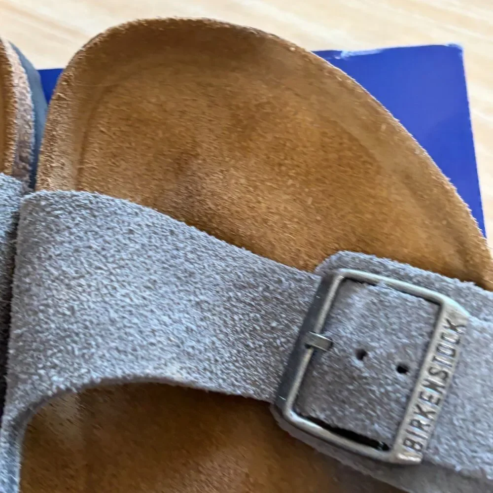 Birkenstock Sandals Arizona Suede Leather Stone Blue Adjustable Strap EUC EU 41